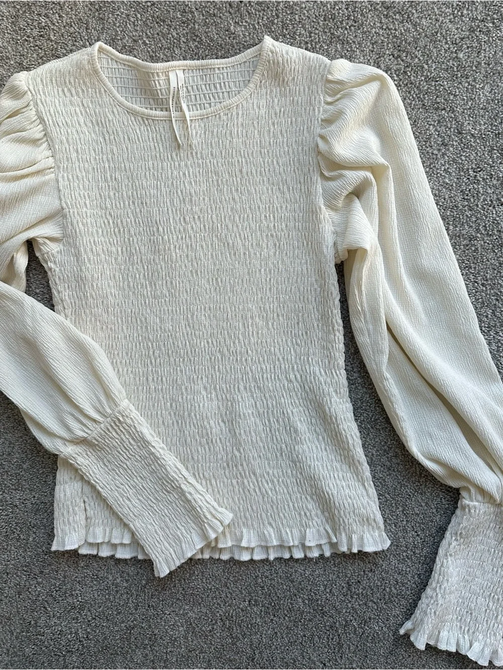 Anthropologie Cream Smocked Long-Sleeve Blouse